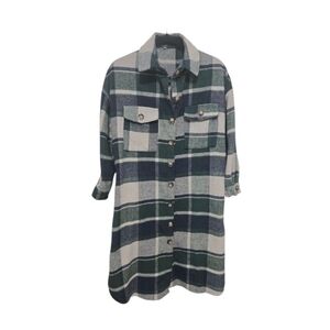Plaid Flannel Shacket Jacket Oversized Button Up Blue Green XS Women's Grunge